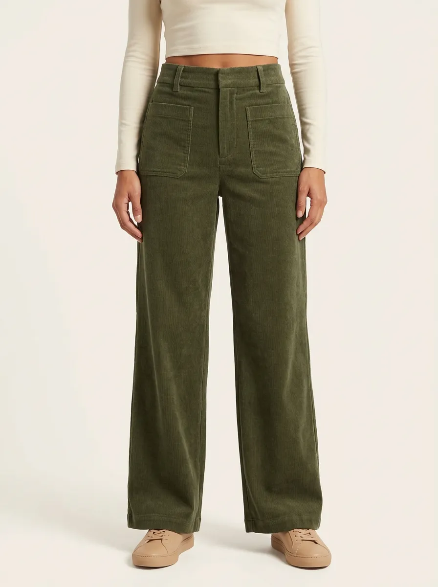 Women's Utility-Pocket High-Rise Wide-Leg Corduroy Pants