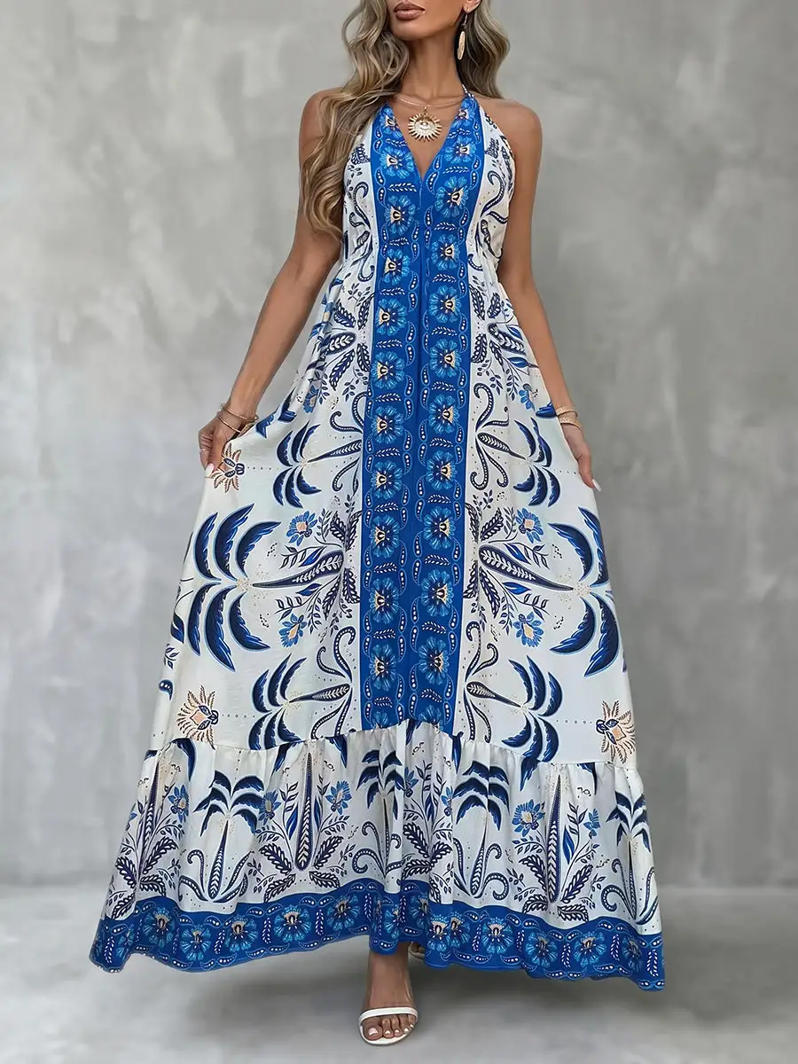 Pleated Floral Printed Sleeveless Neck Maxi Dress