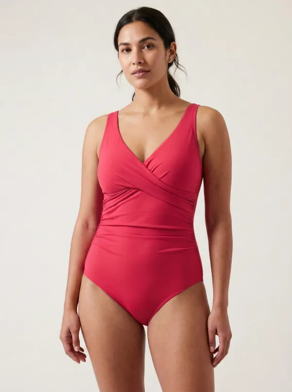 Smooth-Profile V-Neck Ruched One-Piece Swimsuit