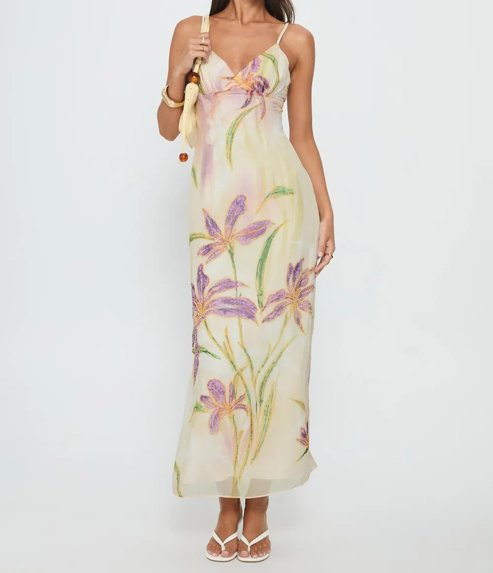 Multicolor Beaded Cut-Out Floral Maxi Dress