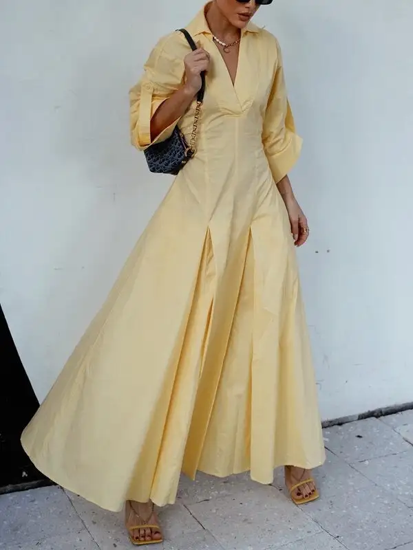 Pleated Neck Shirt Maxi Dress