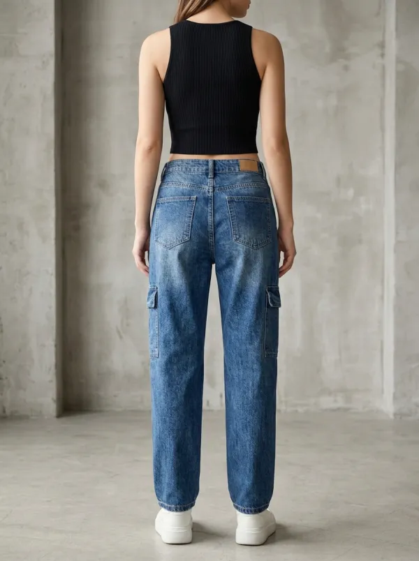 Women's Casual Streetwear Blue Denim Cargo Pants
