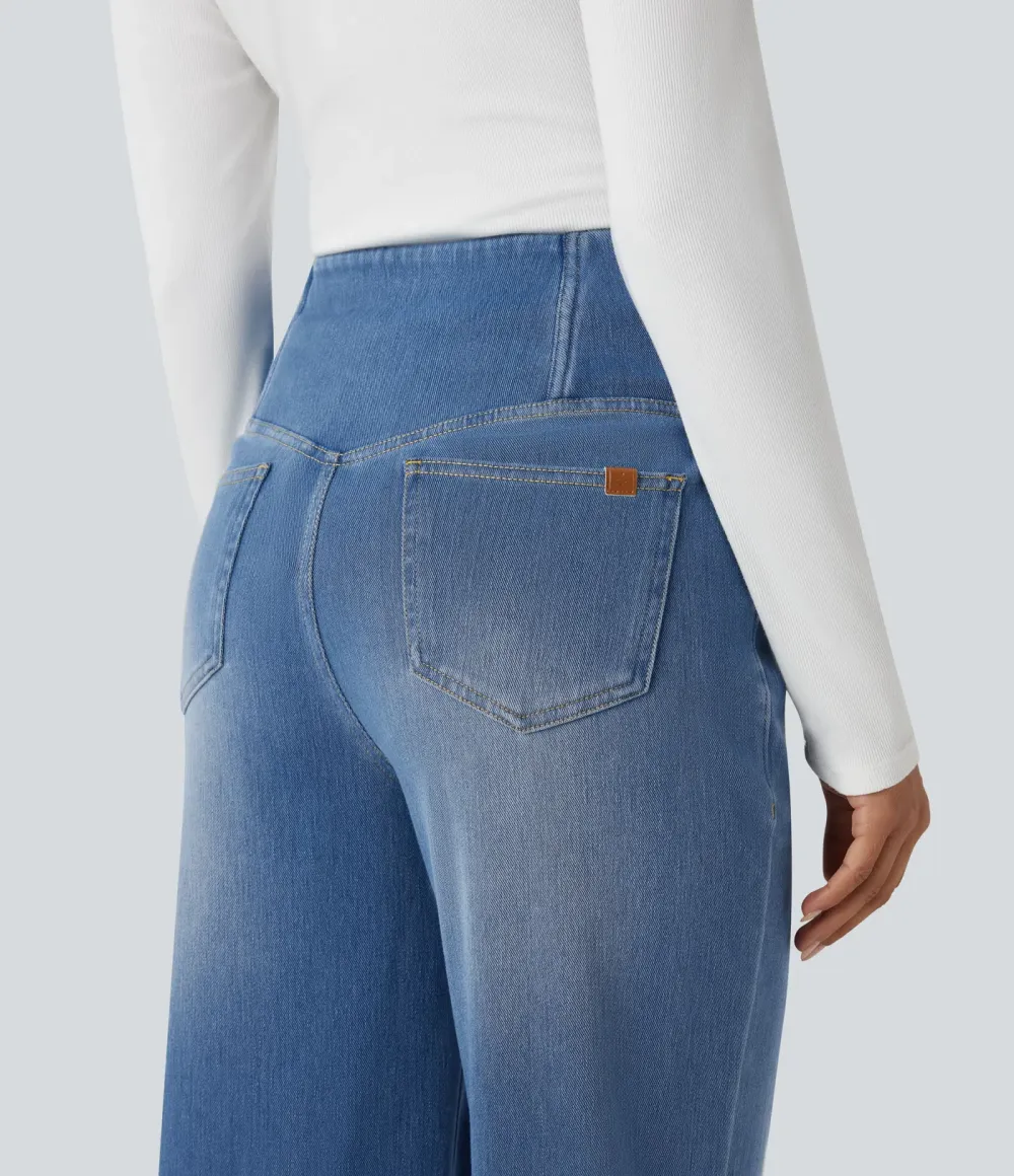 High-waisted, relaxed, crossover straight-leg jeans with  pockets