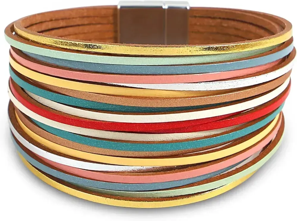 Fesciory Leather Wrap Bracelets for Women, Boho Leopard Multi-Layer Crystal Beads Cuff Bracelet Jewelry