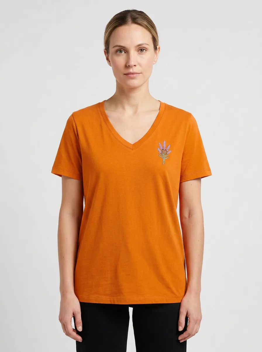 Women's Floral-Embroidered Standard-Length V-Neck T-Shirt