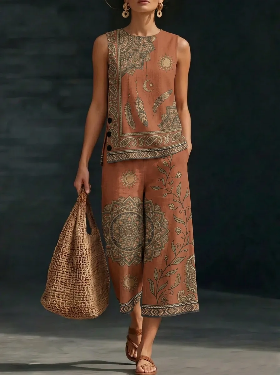 Women's Boho Mandala Sun Feather Printed Sleeveless Set