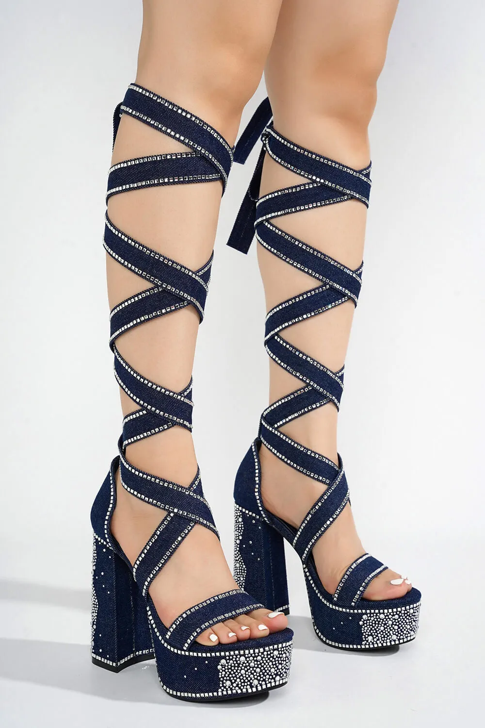 Rhinestone Embellished Lace Up Chunky
