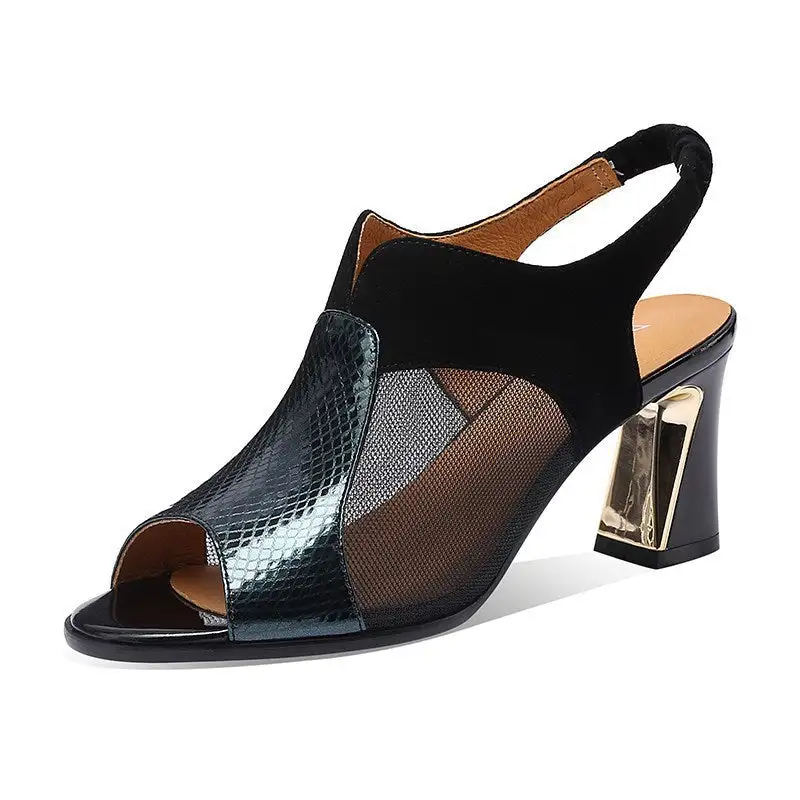 Peep Toe Mesh Block Heel Sandals
