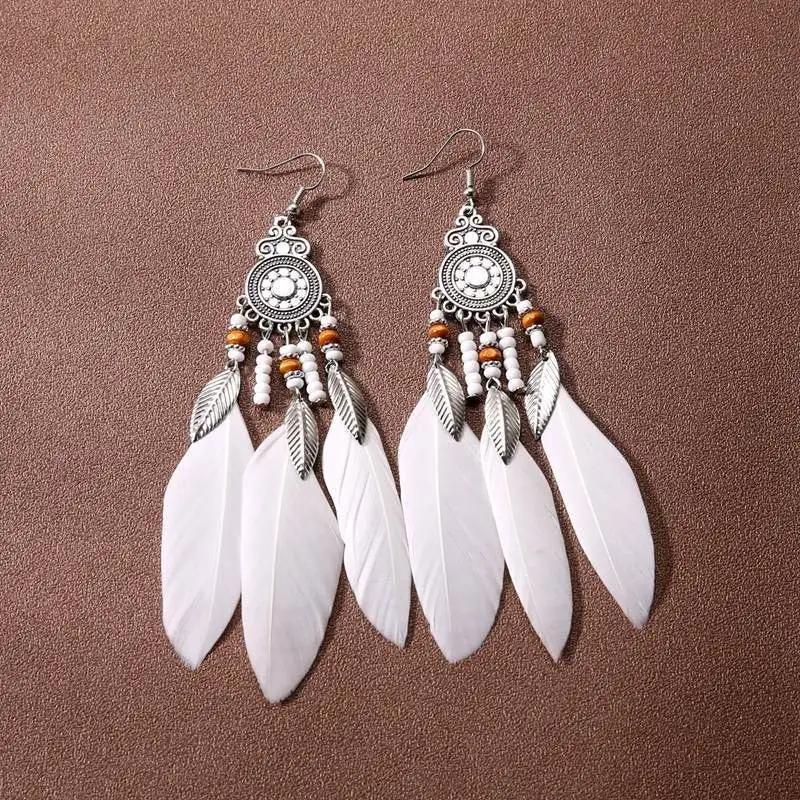 Statement Feather Beaded Tassel Drop Earrings