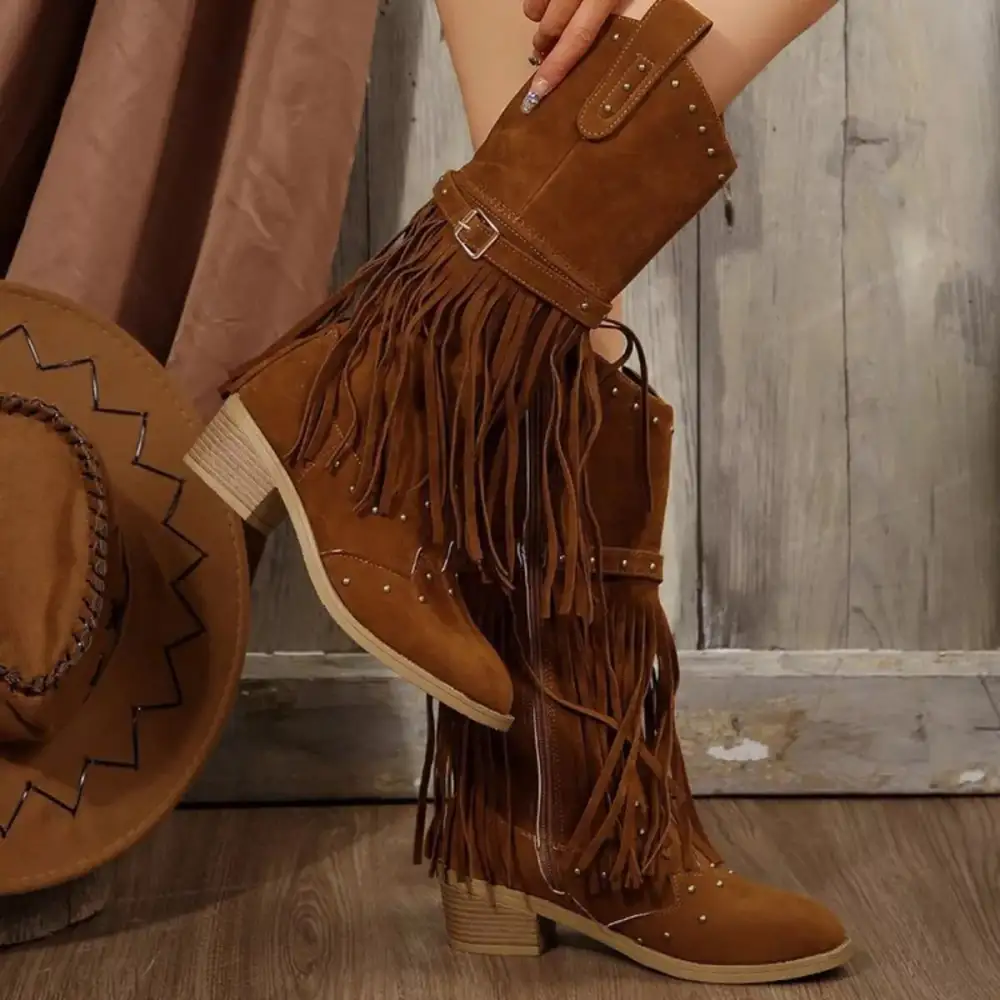 Casual Fringe Point Toe Block Heels Boots