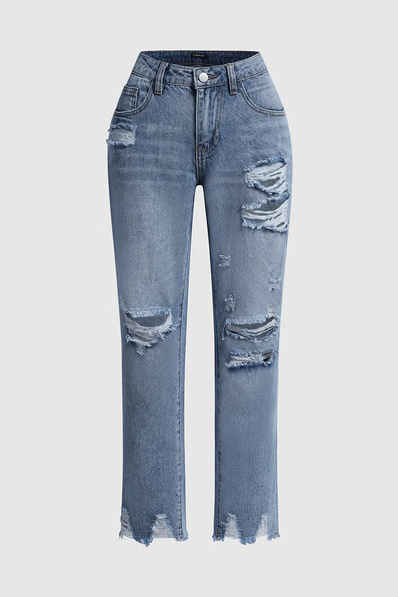 Distressed Raw Hem Straight Leg Jeans