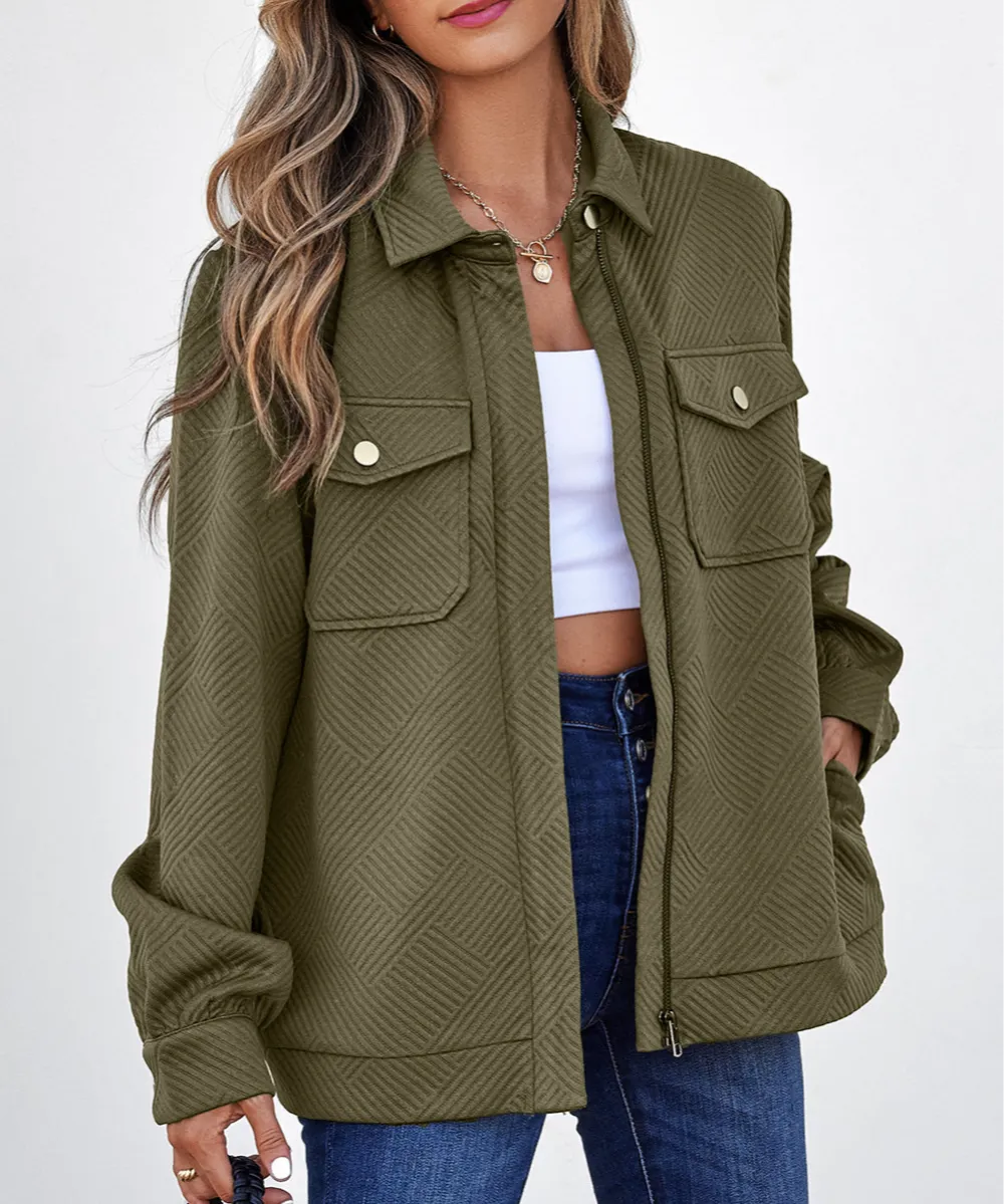 Women's Solid Zip Up Button Flap Pocket Shirt Collar Jackets