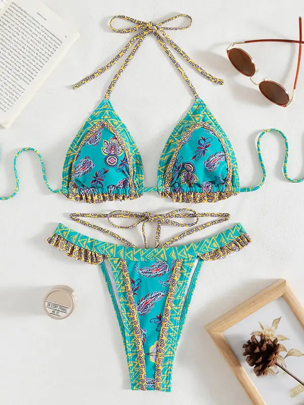 Ethnic Print Halter Neck Tie Bikini Swim Set
