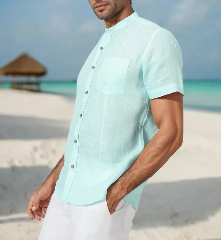 Cyan Blue Linen Mandarin Collar Shirt