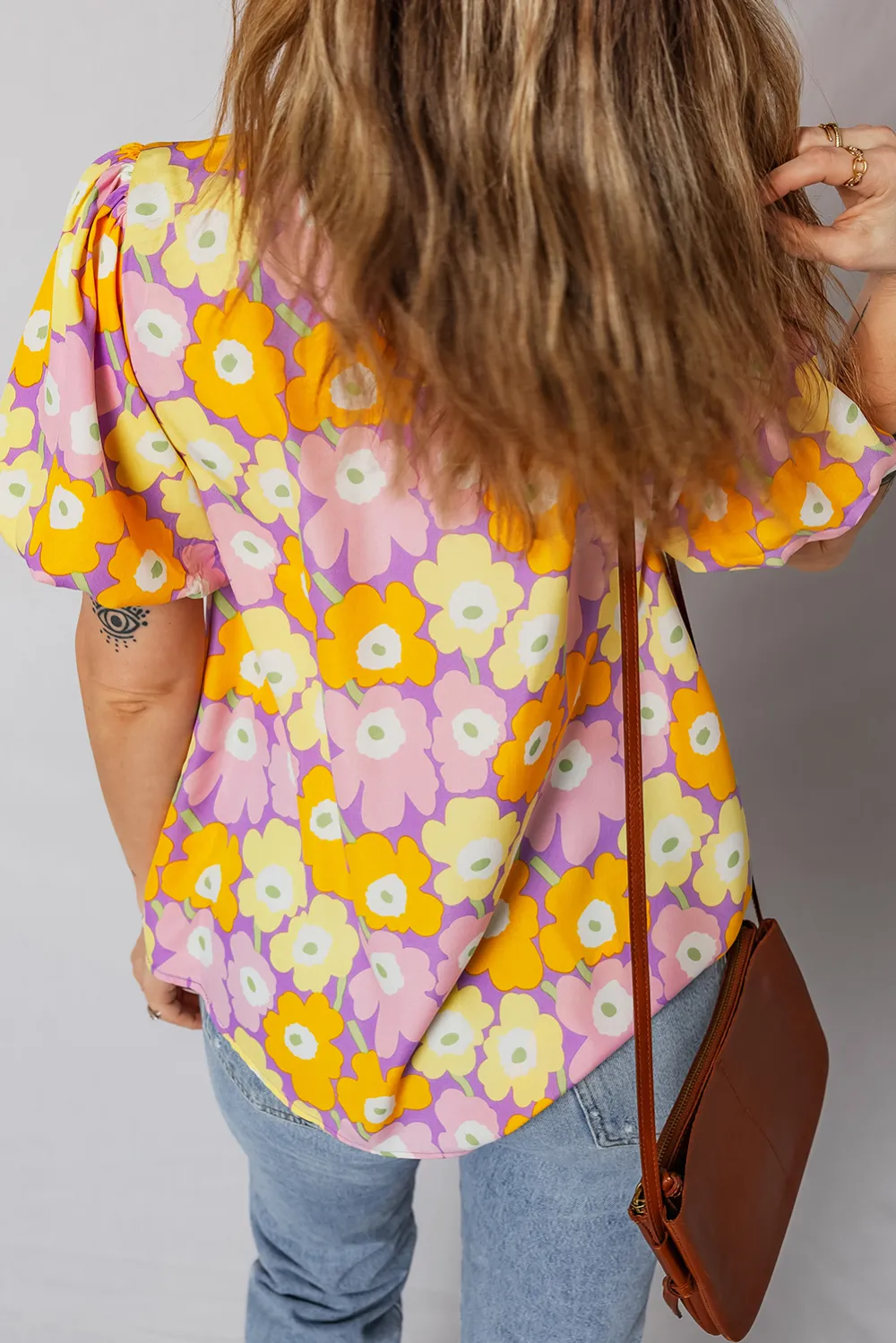 Purple Frilled Neck Puff Short Sleeve Top