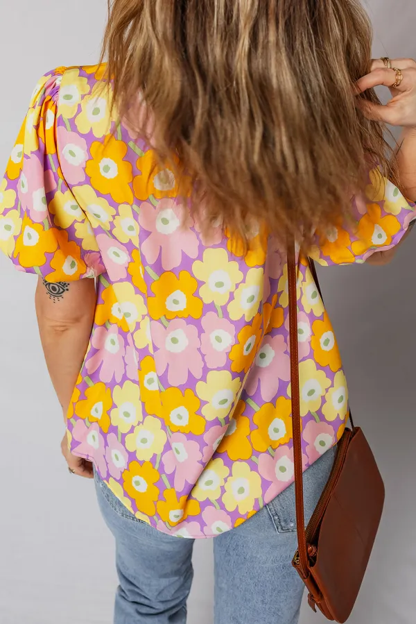 Purple Frilled Neck Puff Short Sleeve Top