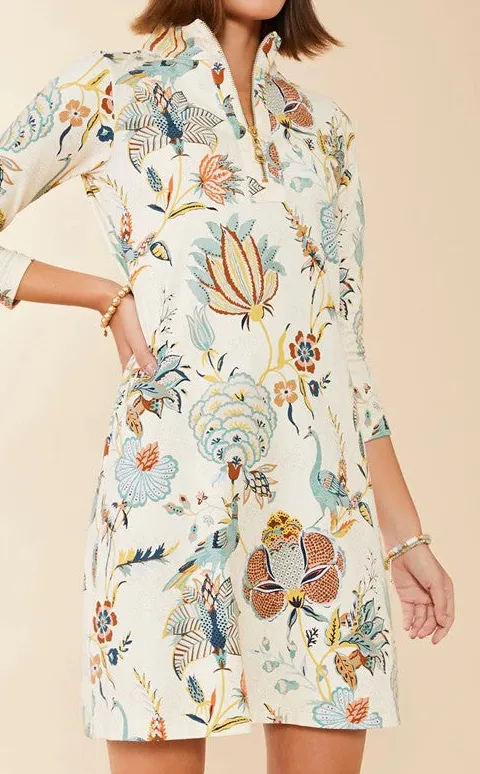 White Bird Print Half-Zip Midi Dress