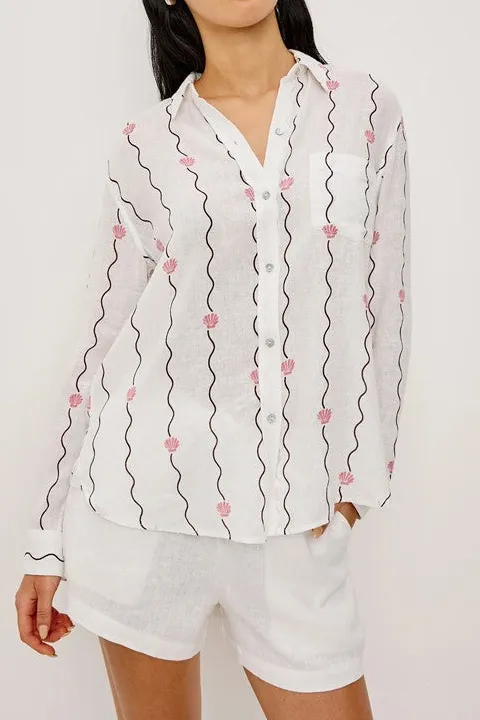 White Striped Seashell Print Shirt