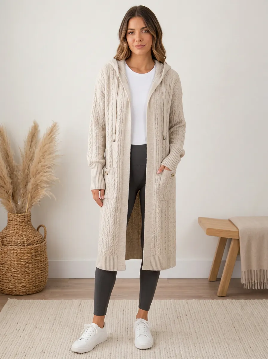 Women's Casual Beige Cable Knit Hooded Long Cardigan Top
