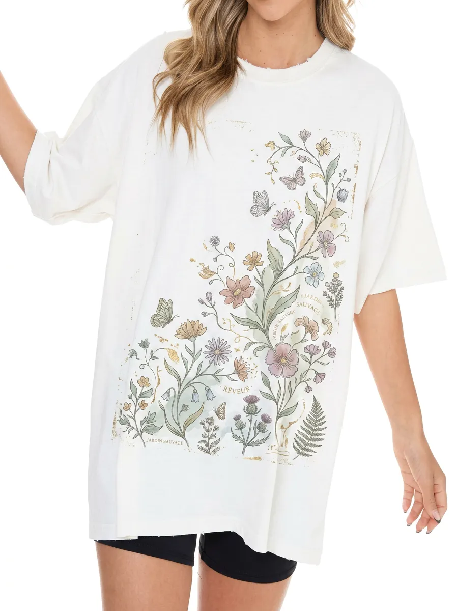 Women's Botanical Butterfly Garden Printed Oversized T-shirt
