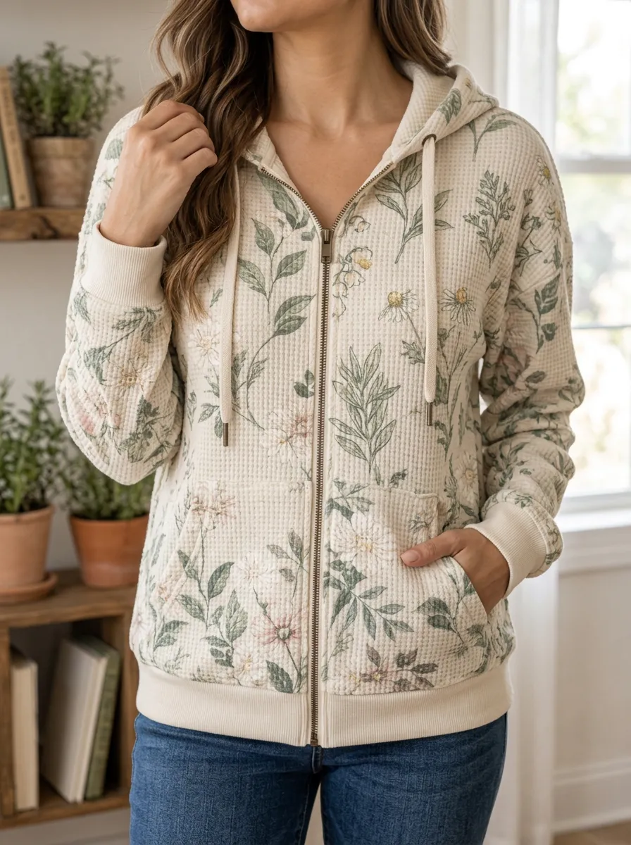 Women's Floral Botanical Signature Styling Waffle Zip-Up Hoodie