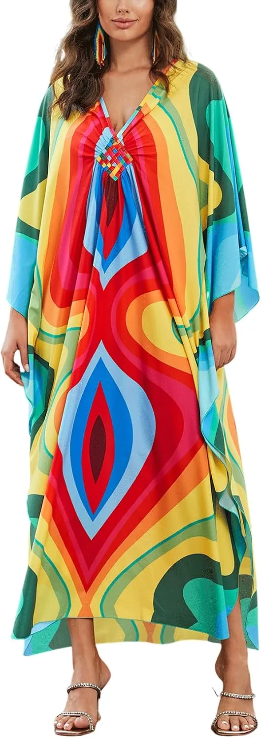 KECVOT Kaftan Dresses for Women Plus Size Batwing Sleeve Caftans Long Bathing Suit Cover Up Maxi Beach Dress Loungewear