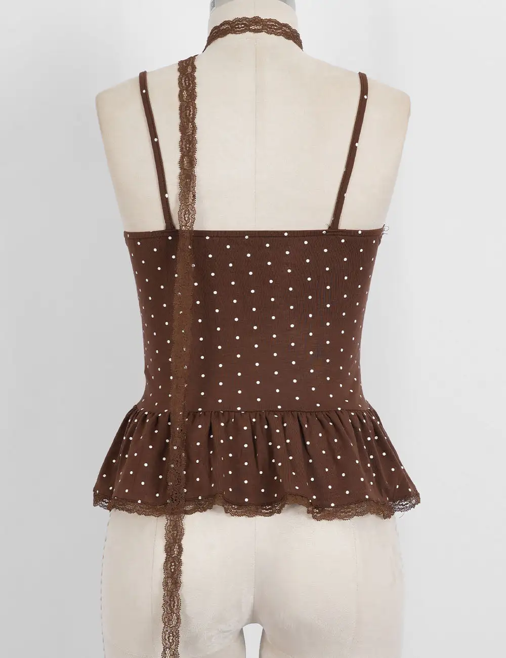 Polka Dot Scarf Neck Lace Trim Peplum Cami Top