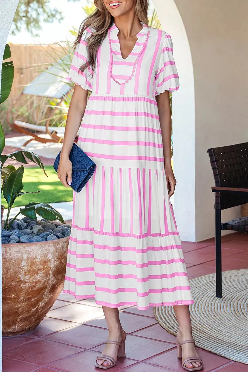 Striped Split Neck Short Sleeve Dress Casual