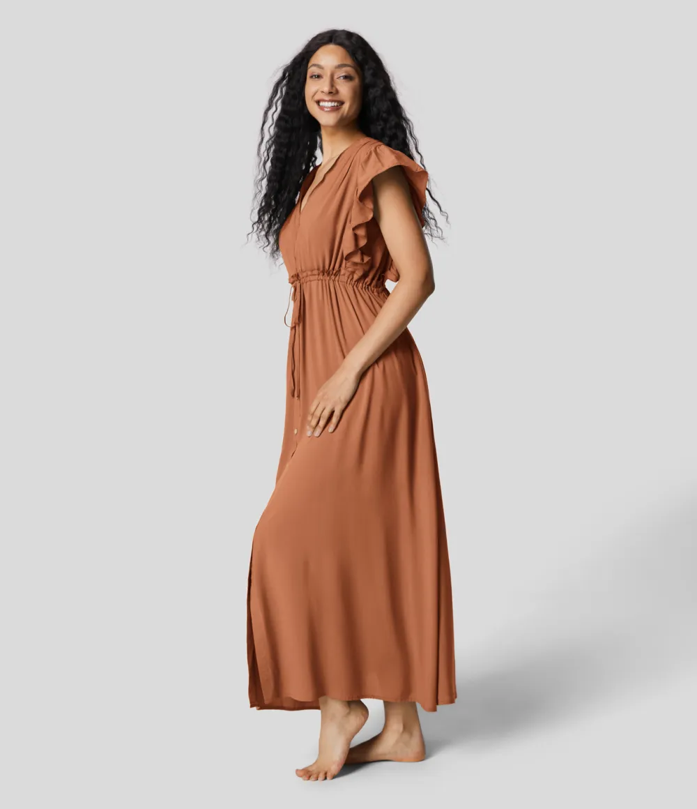 Deep V Neck Butterfly Sleeve Backless Drawstring Button Side Pocket Flowy Maxi Casual Dress
