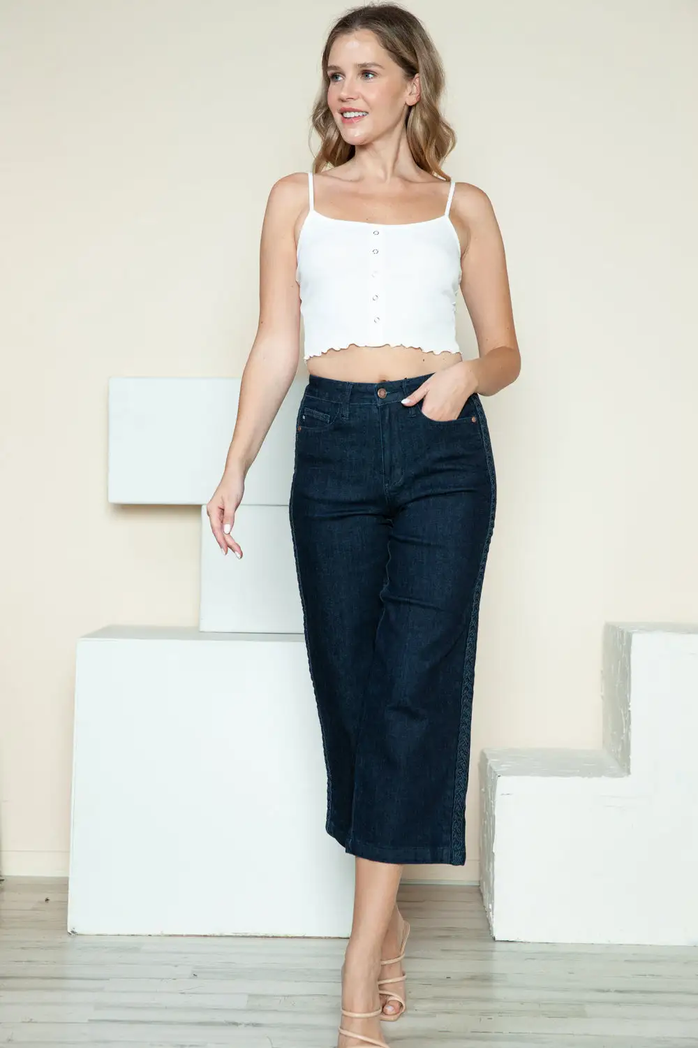 Side Seam Braid Detail Crop Wide Denim Jeans