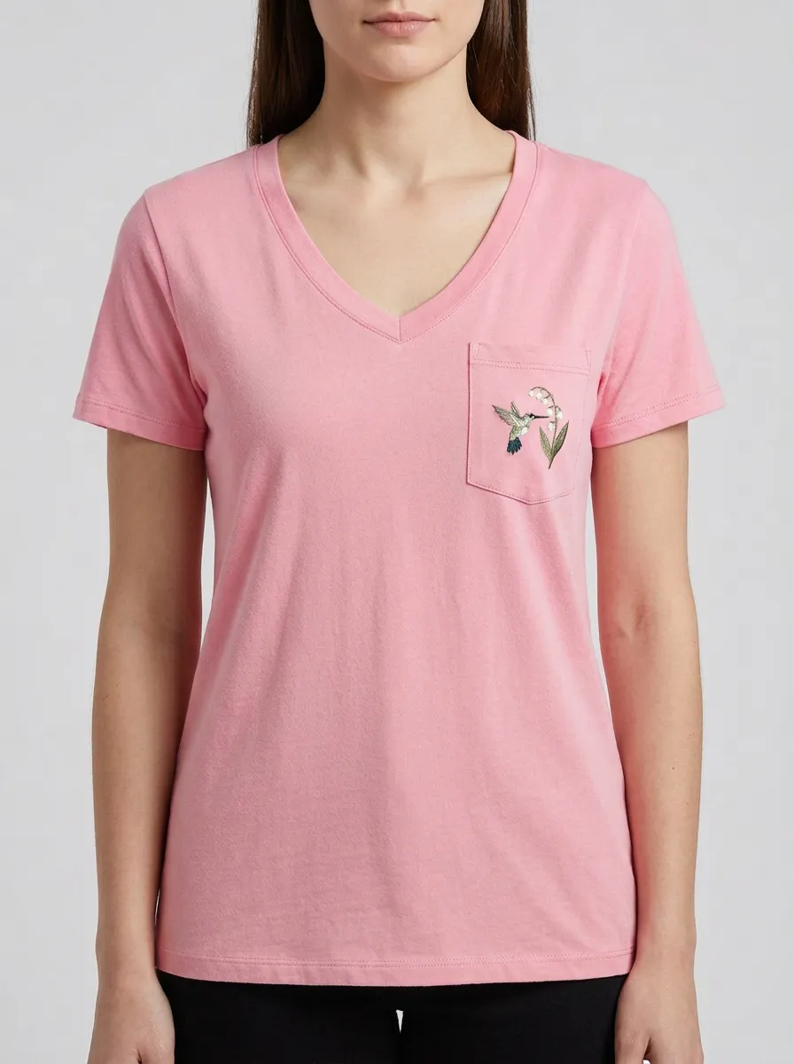 Women's Nature-Inspired Hummingbird & Lily-of-the-Valley Embroidered Pocket V-Neck T-Shirt