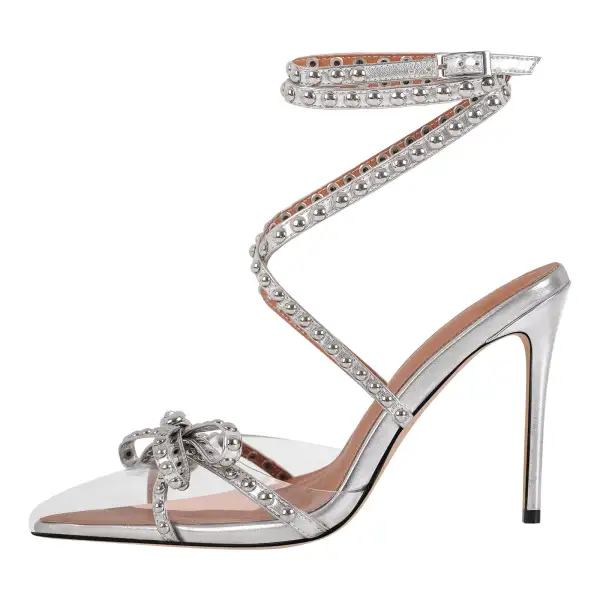 Sleek Rivet Pointed Toe Stiletto Ankle Strap Pumps