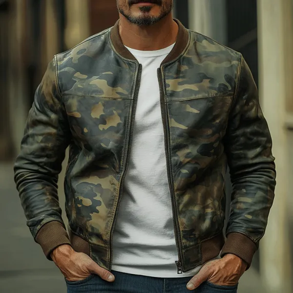 Leather Button Camo Jacket