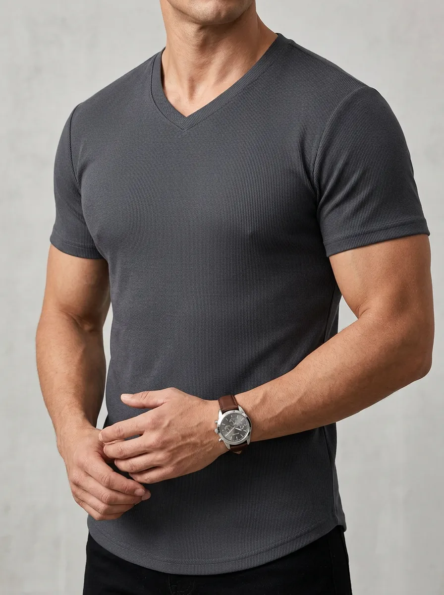 V-Neck Ribbed Curved-Hem Men's Slim-Fit T-Shirt