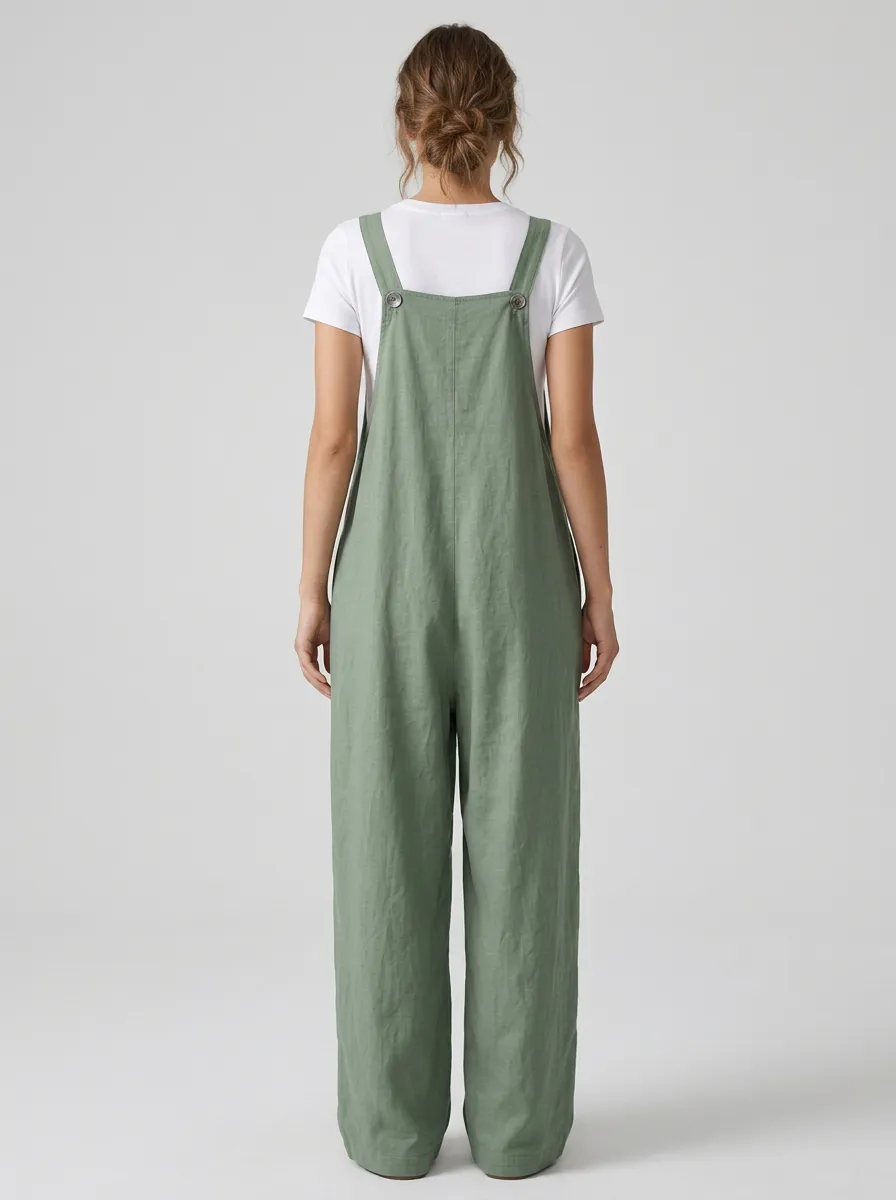 Women's Deep-V Button-Strap Wide-Leg Overall Jumpsuit