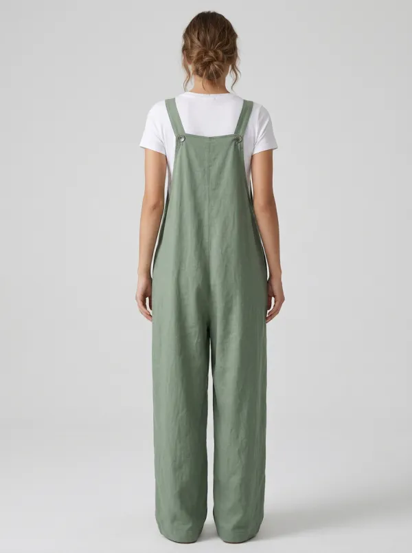 Women's Deep-V Button-Strap Wide-Leg Overall Jumpsuit
