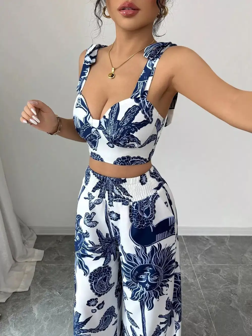 Floral Print Crop Top and Wide Leg Pants Set