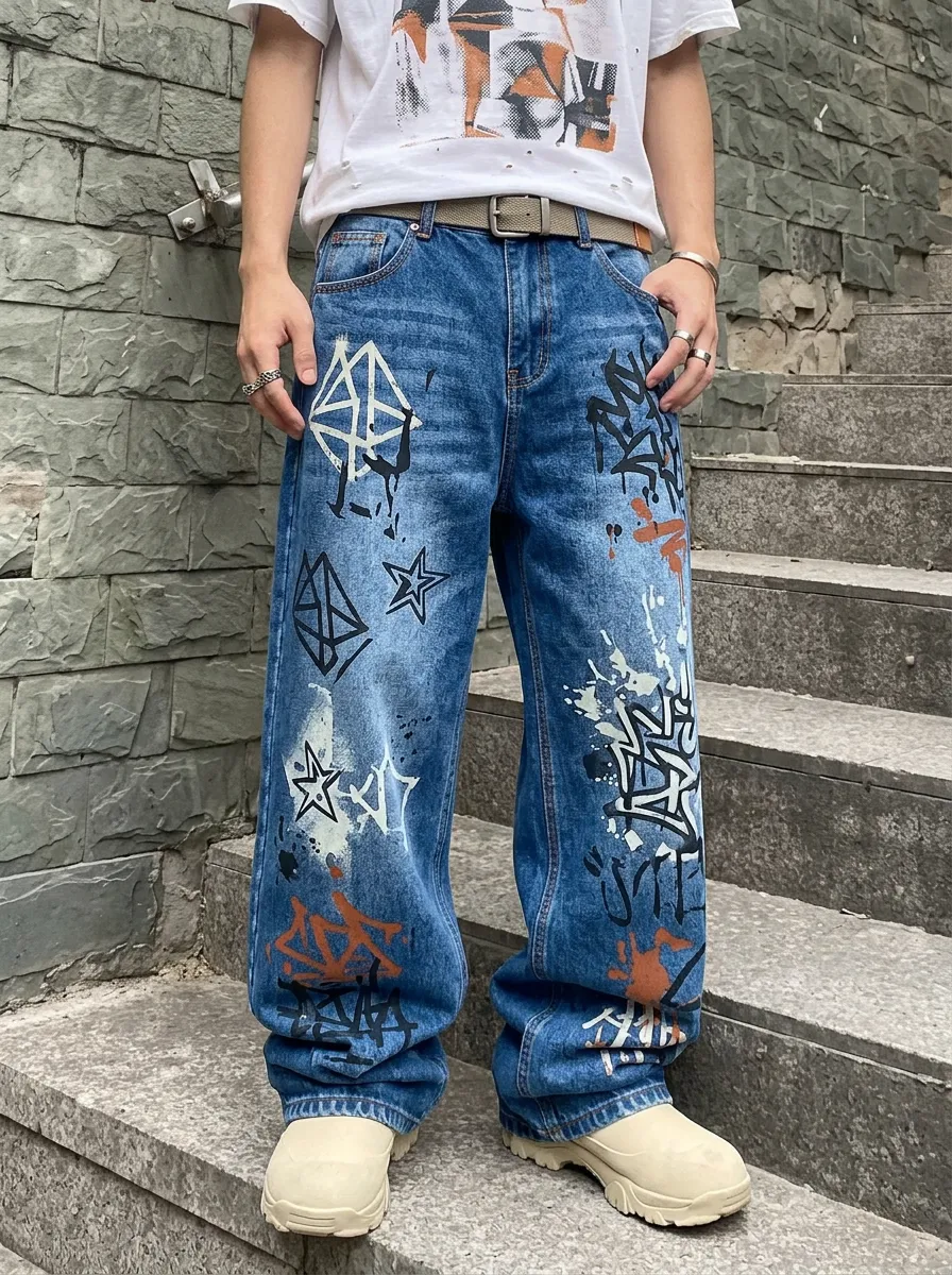 Unisex Streetwear Graffiti Star Baggy Jeans