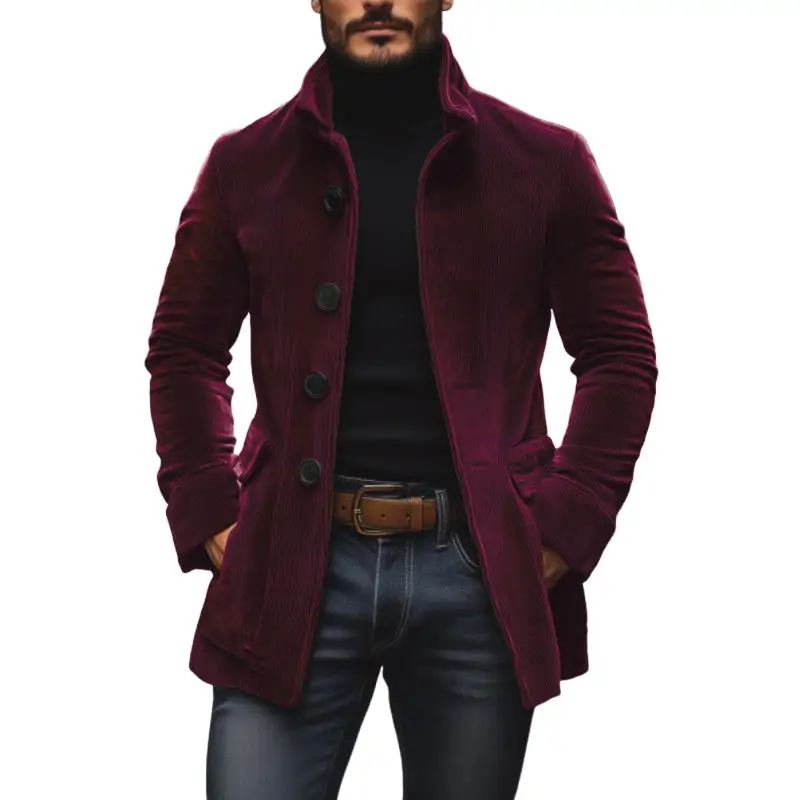 Textured Button Band Collar Coat