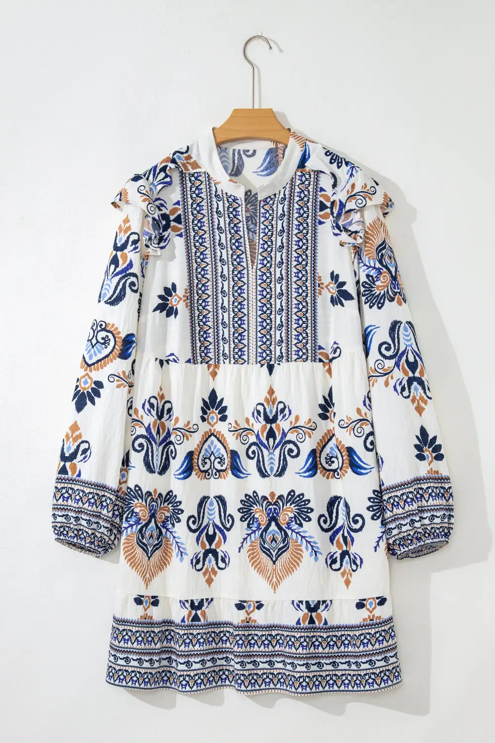 Women's Printed Split Neck Long Sleeve Split Mini Dress