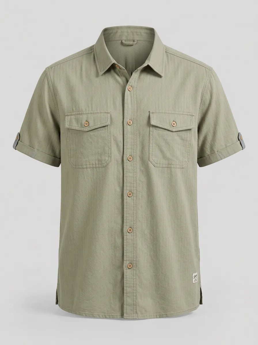 Men's Sage Green Utility Short-Sleeve Shirt - Design E