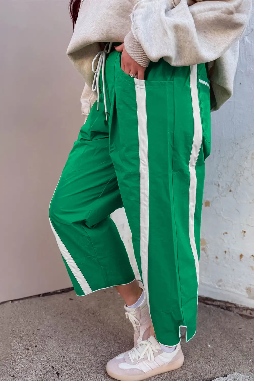 Contrast Striped Smocked Waist Drawstring Cropped Casual Trousers