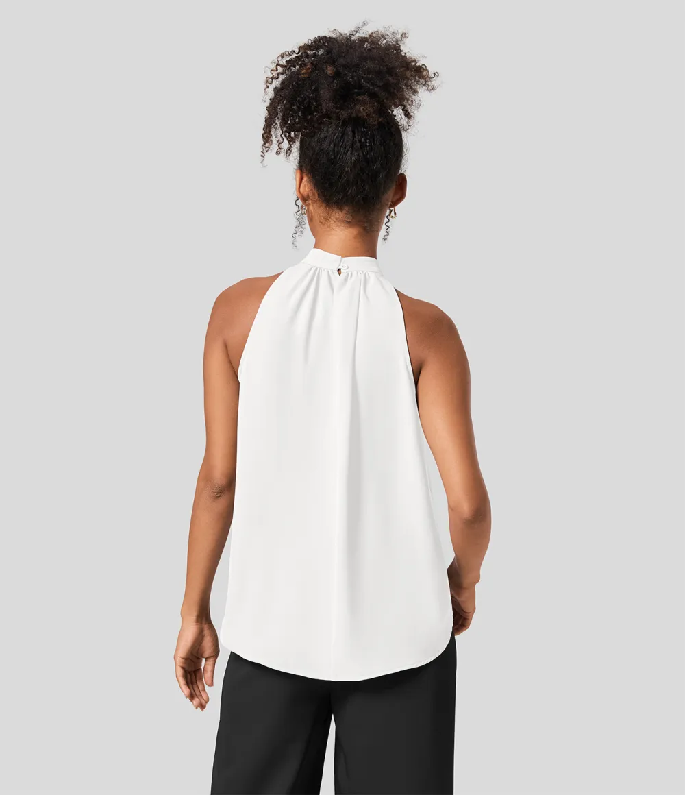 Keyhole Back Halter Plicated Sleeveless Curved Hem Work Blouse