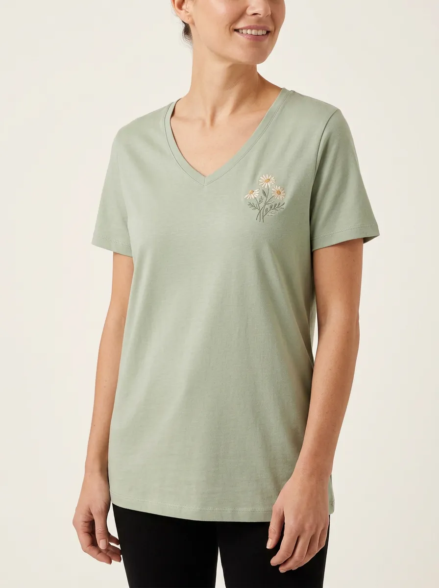 Women's Floral-Embroidered Short-Sleeve V-Neck T-Shirt