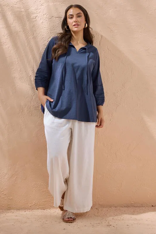Navy Blue Tie Neck Cotton Top detail 1