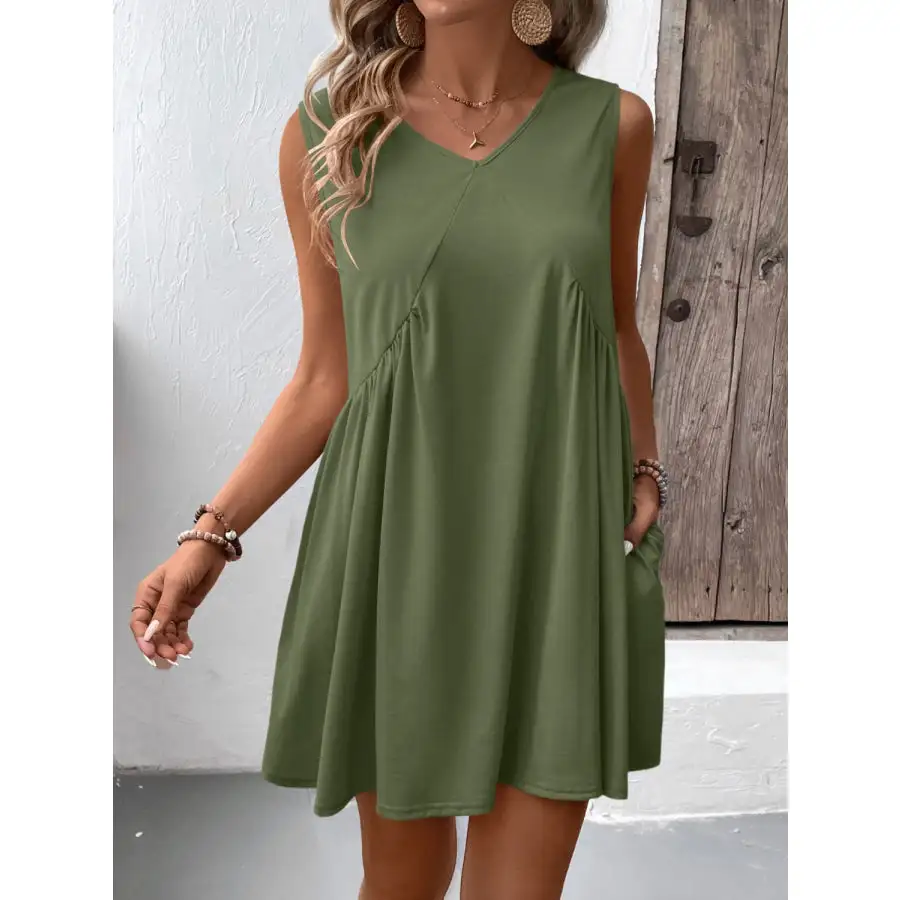 Ruched V-Neck Sleeveless Mini Dress