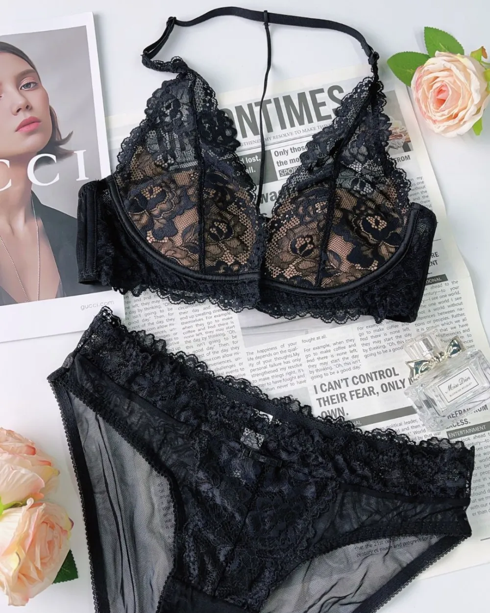 Floral Lace Halter Bralette Panty Set