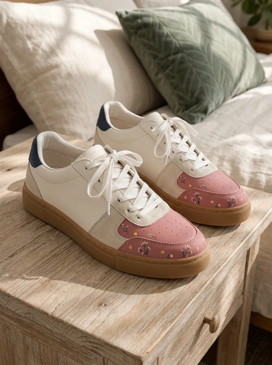 Women's Floral Pattern Pink Toe Printed Sneakers