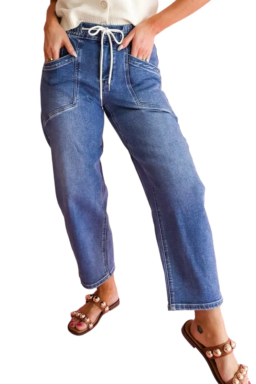 Women's Regular Fit Denim Pants With Drawstring Waist And Pockets