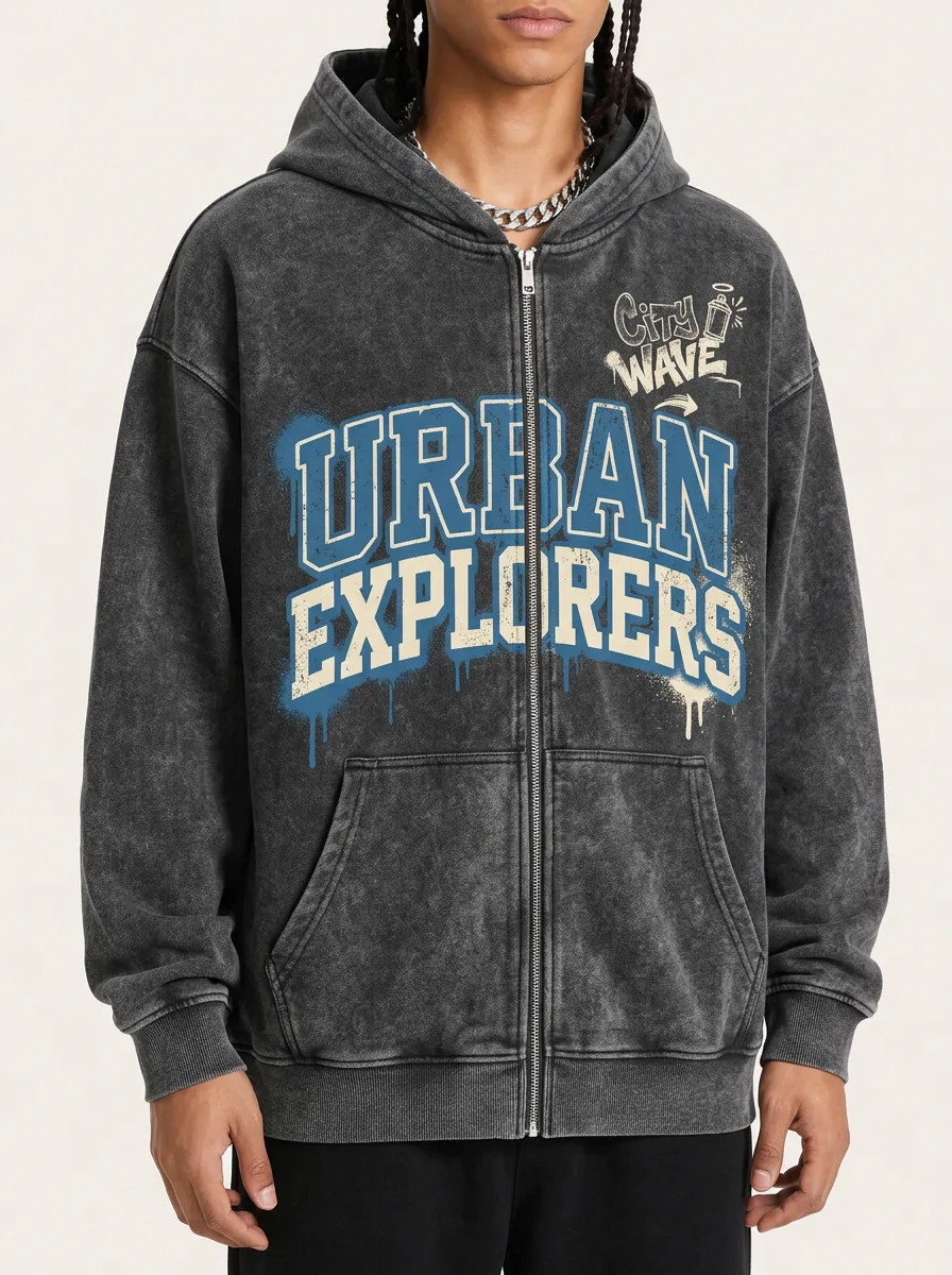 Men's Urban Explorers Graffiti City Wave Printed Zip-up Hoodie